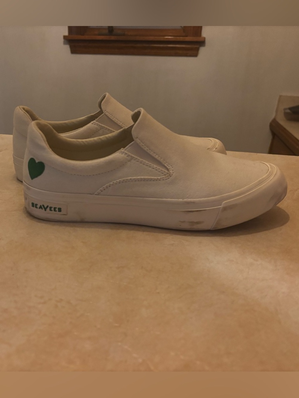 SeaVees Slip-On Canvas Sneakers in Off-White with Green Heart Accent - 8